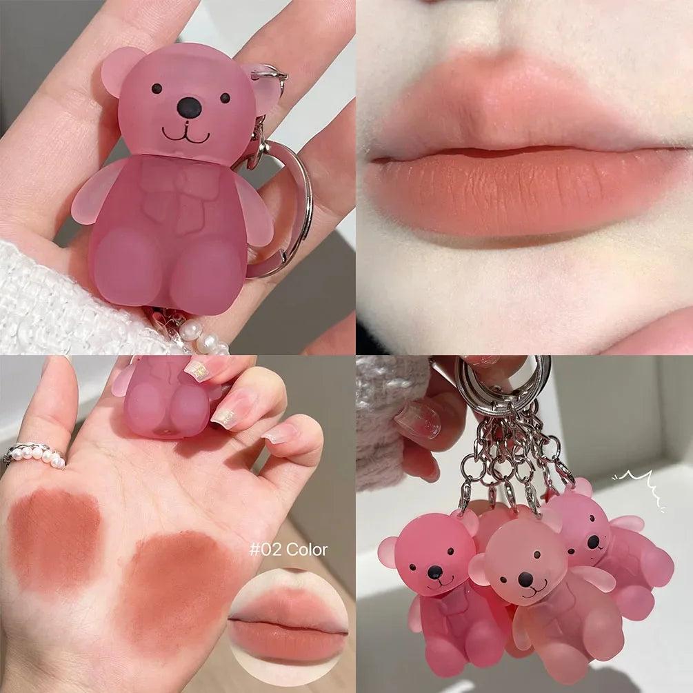 Cute Bear Keychain Lip Mud Matte Velvet Mousse Grey Pink Lipstick Waterproof Long Lasting Non-Stick Cup LipGloss Korean Cosmetic