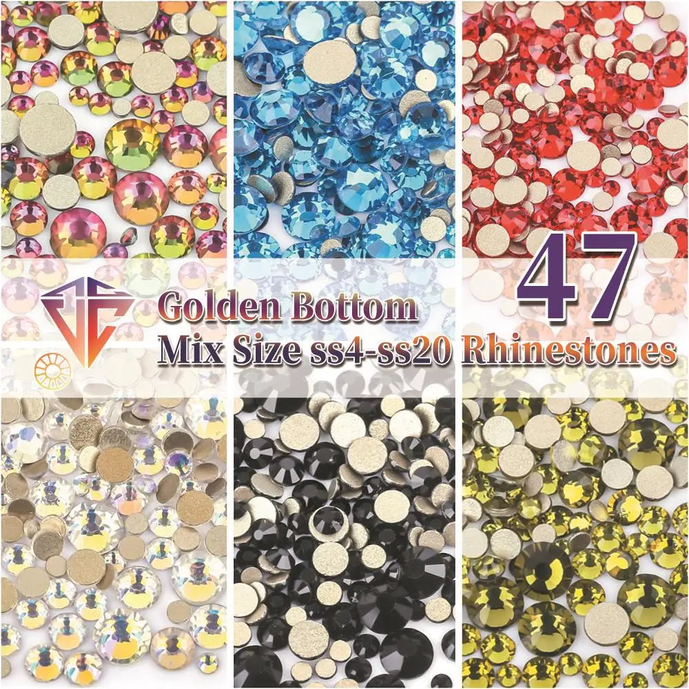 SS4-SS20 Mix Size Clear Crystal Non HotFix Gold FlatBack Rhinestones Decorations DIY Glitter Stones 3D Nail Art Accessories