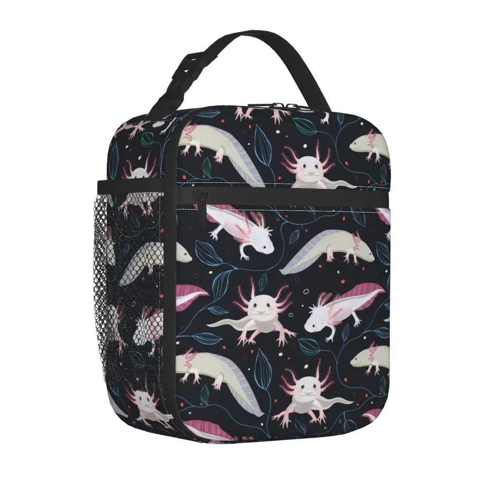 Axolotl In Pocket Insulated Lunch Bags for Women Amphibian Exotic Animal Resuable Thermal Cooler Bento Box Kids School Children