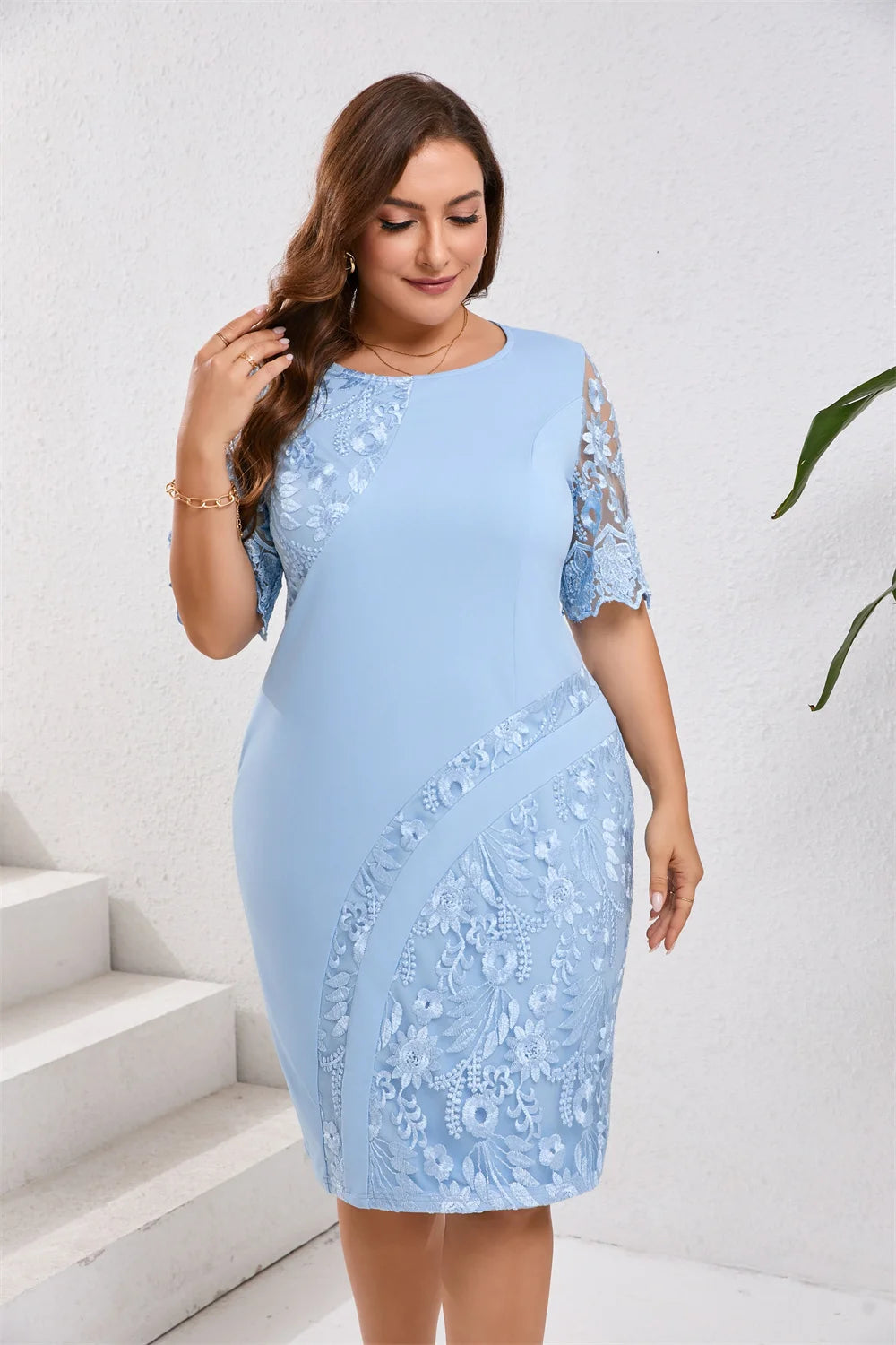 GIBSIE Plus Size Embroidered Lace Half Sleeve O-Neck Dress Women's Summer Autumn Cocktail Party Elegant Bodycon Midi Dresses