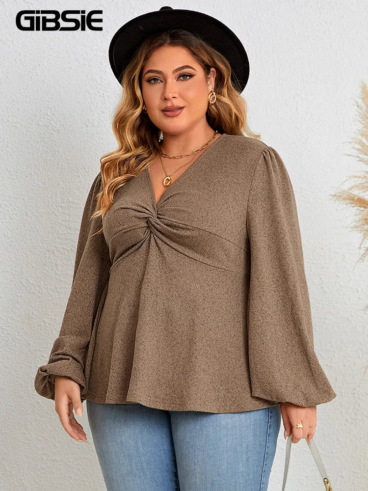 GIBSIE Plus Size Casual V Neck Twist Front Peplum Top Women Fashion 2023 Autumn New Vintage Full Lantern Sleeve Tunic Blouse