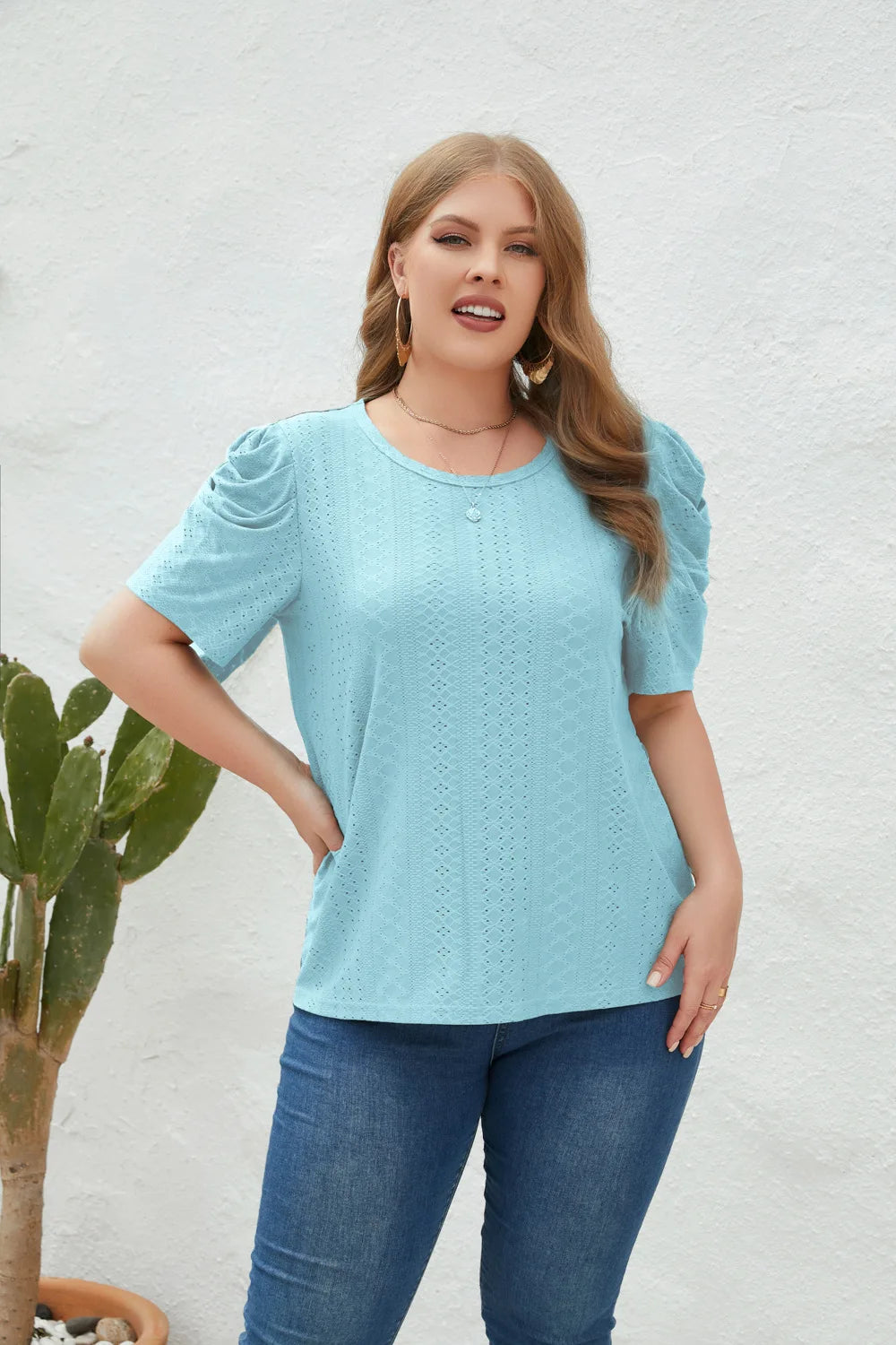 GIBSIE Plus Size Solid O-Neck Leg of Mutton Sleeve Blouse Women Fashion 2023 New Summer Office Casual Women's Blouses Tops