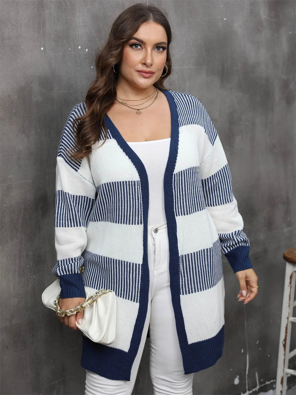 GIBSIE Plus Size Women's Cardigan Contrasting Color Striped Open Front Knitted Sweater Fall Winter Casual Long Cardigan Coat