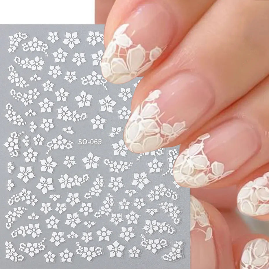 8/30Pcs Kawaii White Flower Nail Sticker Set Cute Japanese Style Floral Decals Sakura Petals DIY Nail Charms Foils Wedding Decor