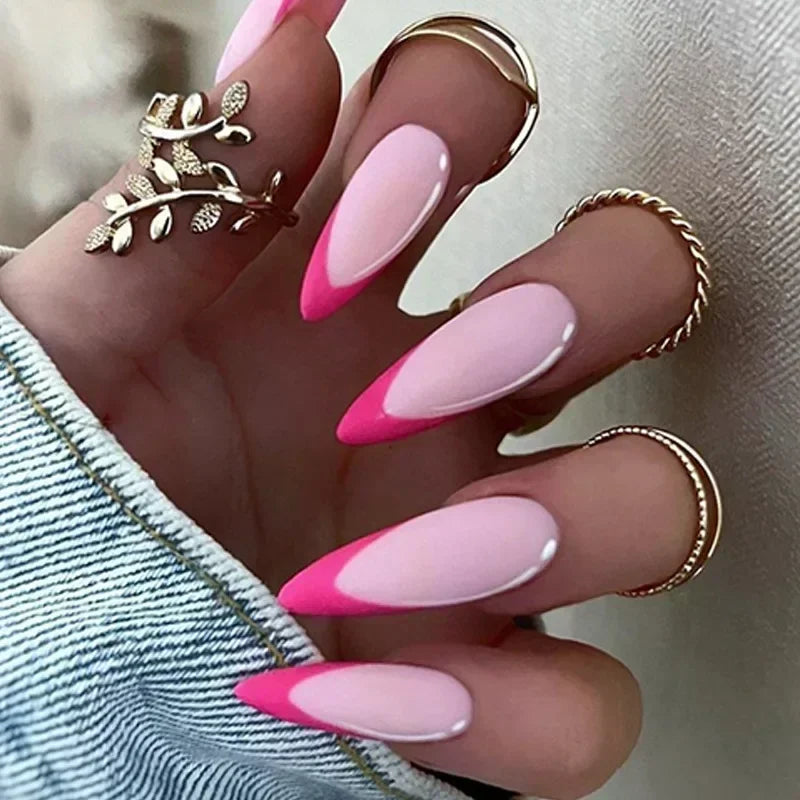 24Pcs long stiletto False Nails Wearable  Almond Fake Nails Pink Leopard Print Design Bright color Full Cover Press on Nails