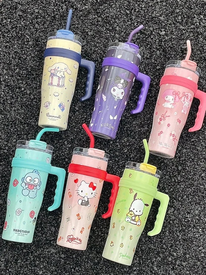 1200ml Sanrio Thermos Bottle Cute Hello Kitty Kuromi Cinnamoroll Melody Cartoon Large Capacity Straw Stainless Steel Bottle Gift