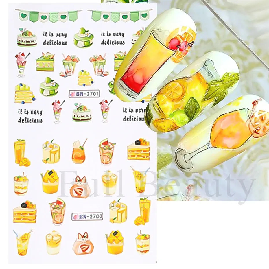 Sweet Desserts Nail Art Water Transfer Decals Stickers Mix Macaron Cake Candy Drink Ice Cream Cartoon Sliders Wholesale LABN2701