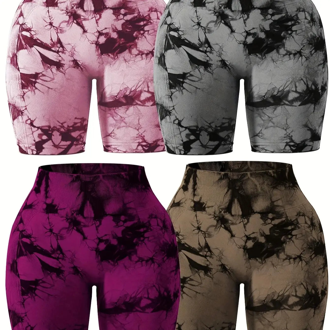 4 Pack High Waist Women's Sports Shorts, Tie Dye Seamless Breathable Comfortable Sportswear, Gym Yoga Shorts