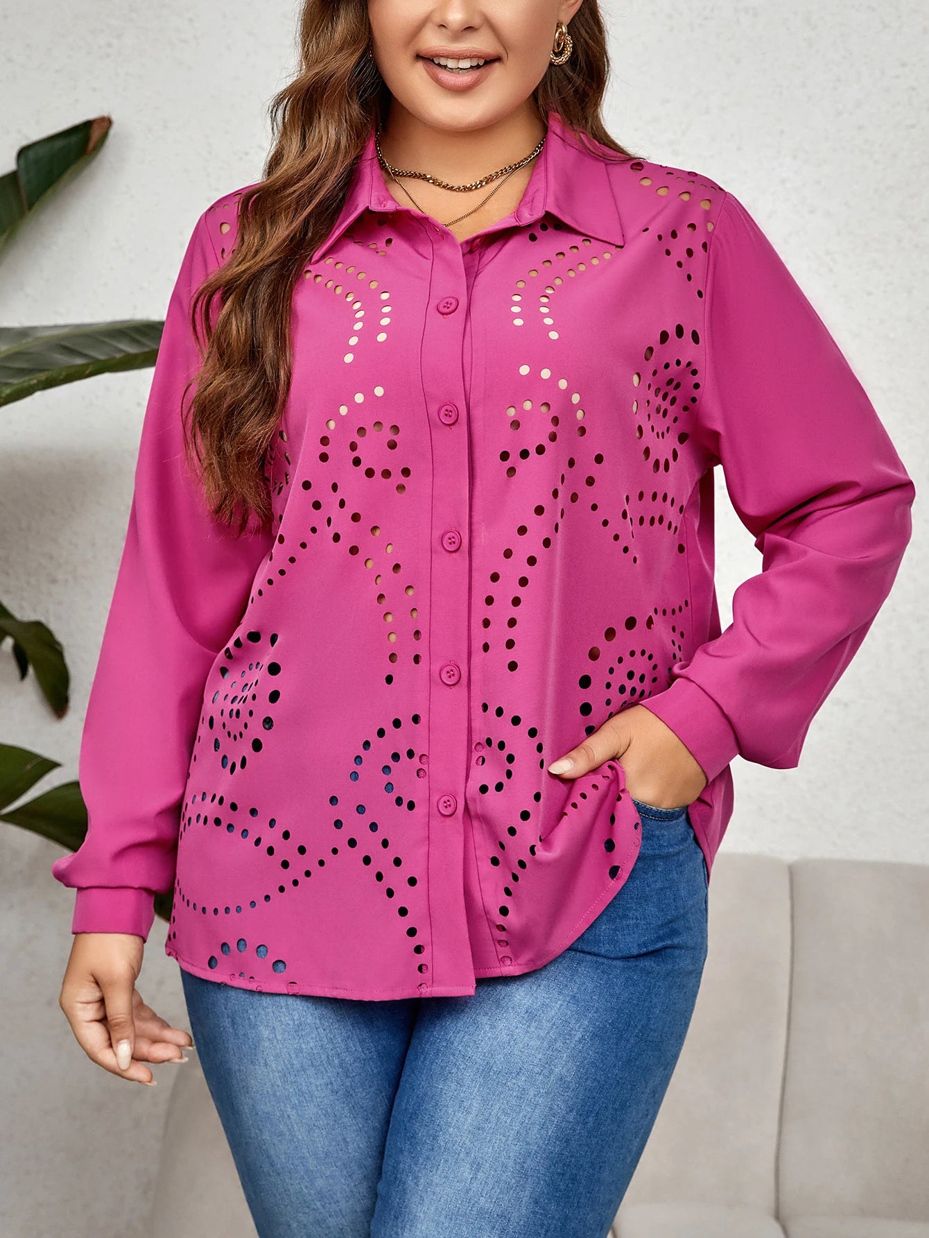 GIBSIE Plus Size Women Elegant Hollow Out Button Up Shirt 2023 Spring Fall Long Sleeve Loose Work Office Tunic Blouses Tops