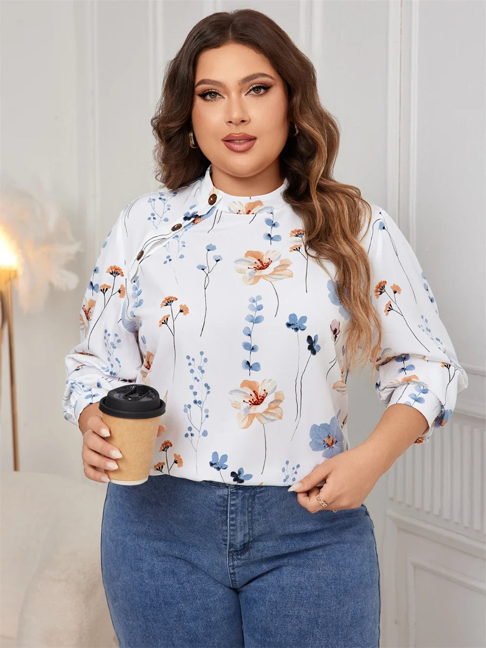 GIBSIE Plus Size Stand Collar Button Blouse Women Fashion Autumn Floral Print Casual Long-sleeved Shirt Tops Female