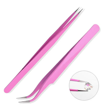 Pink Stainless steel tweezers, straight and curved tweezers, eyelash extension tools, nail art accessories, 2PCs