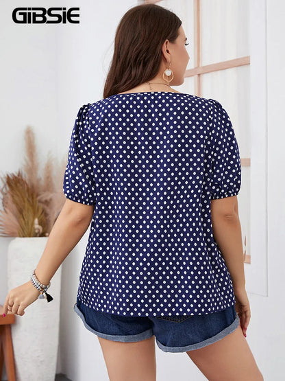 GIBSIE Plus Size Polka Dot Square Neck Puff Sleeve Top Blouse Women Boho 2024 Summer Korean Fashion Loose Blouses 3XL 4XL