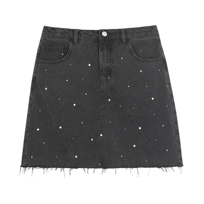 GIBSIE Plus Size Black rivet diamond denim skirt Women's summer high waist korean retro a-line bodycon raw hem mini skirts