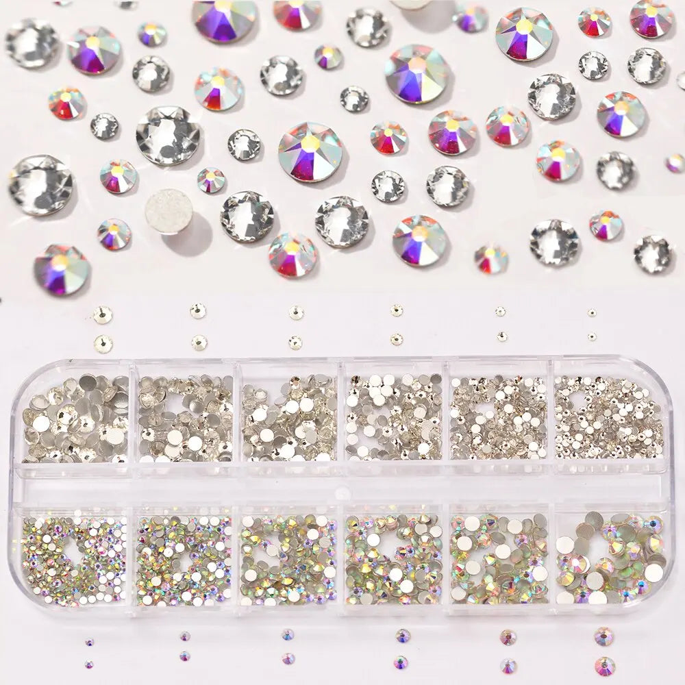 12 Grids Multi Sizes Nail Rhinestones Set Crystal AB Clear Gems with Crystal Pen Clips for DIY Nail Art Decorations