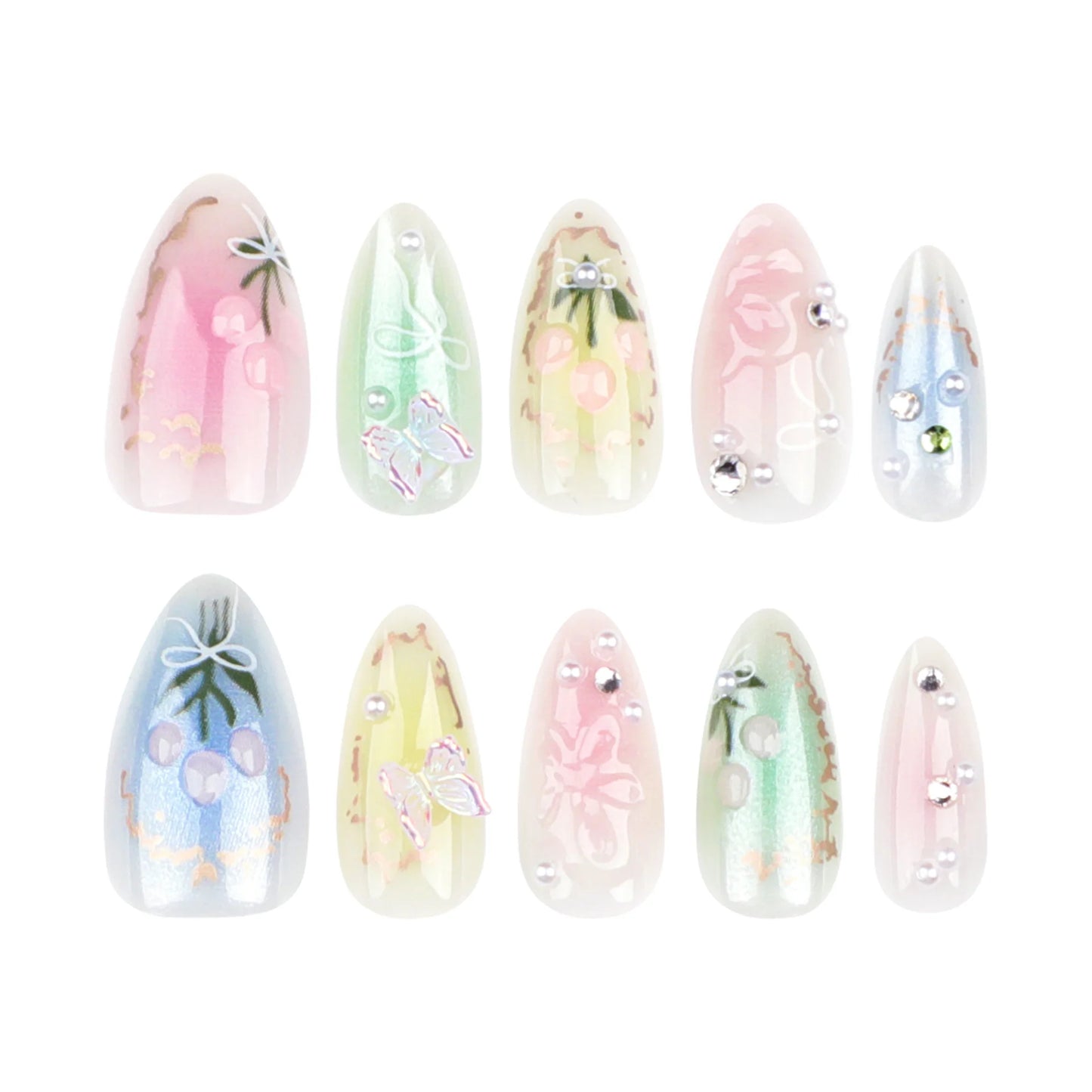 24pcs Short Almond Press on Nails 3D Flower Butterfly Fake Nails with Glue Colorful Natural Acrylic False Nails Full Cover Nails