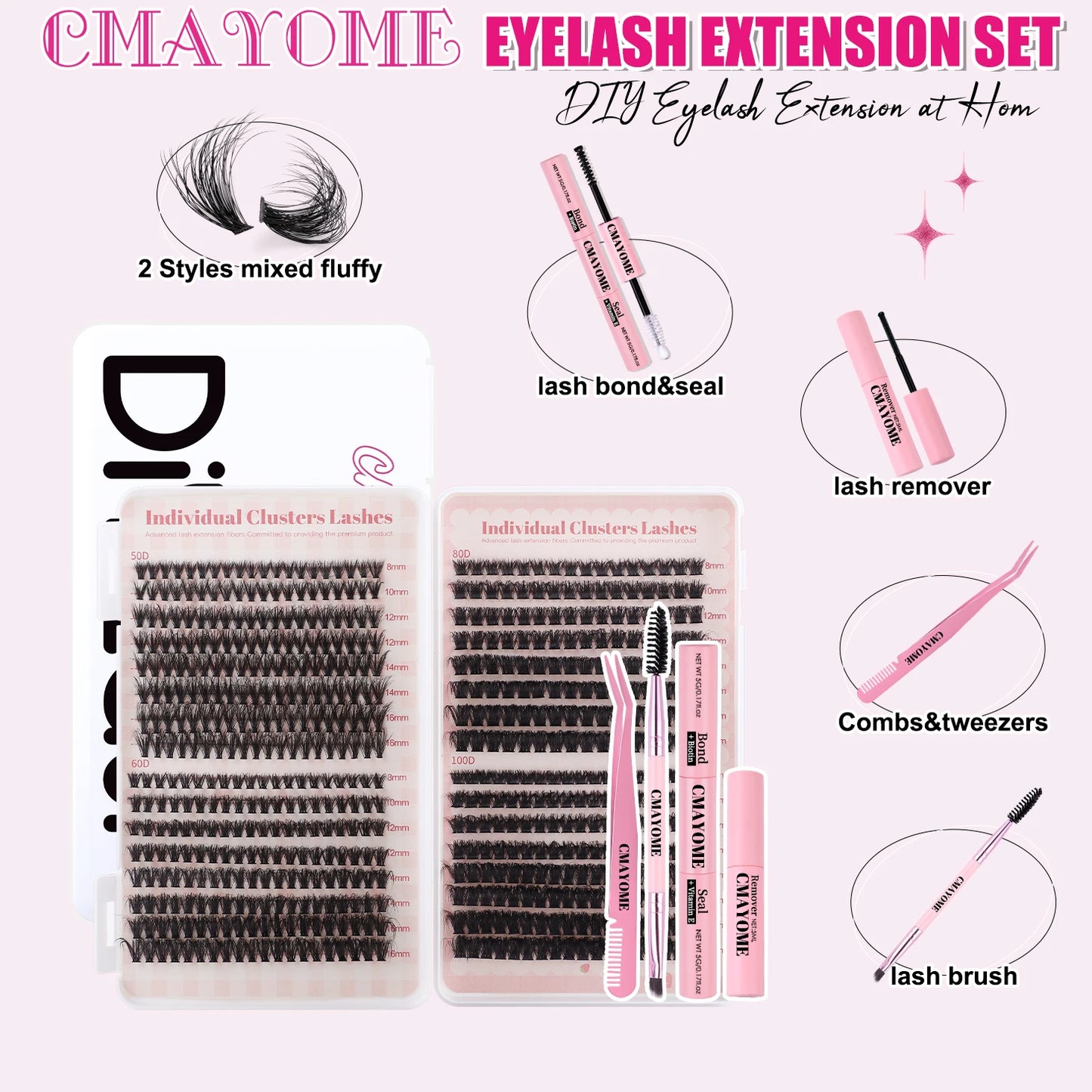 DIY Eyelash Extension Kit 592pcs Individual Lashes Cluster D Curl, 8-16mm Mix Lash Clusters with Lash Bond and Seal and Lash App