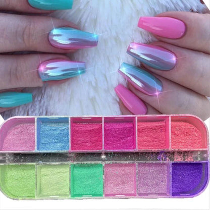 12 Grids Mirror Effect Mermaid Nail Powder Holographic Pearl Chrome Pigment Fine Glitter Dipping Powder Nail Crafts Supplies