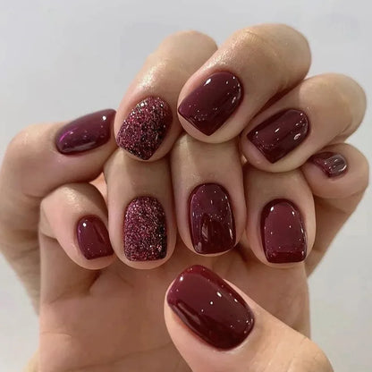 24Pcs Short Solid Color Wine Red Fake Nail Tips with Glue Glitter Square/round Head False Nails Wearable Ballet Press on Nails