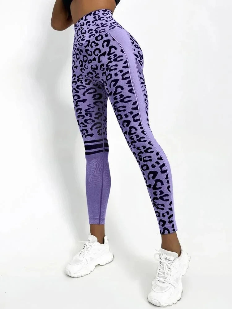 Women Leopard Seamless Yoga Pants High Waist Lifting Hip Honey Peach Hip Fitness Pants Yoga Suit Tight Running Sports Pants