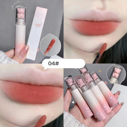 Pink Bear Lip Glaze Mousse Matte Liquid Lipstick Cute Bear Waterproof Velvet Nude Brown Red Lip Mud Cheek Rouge Tint Cosmetics