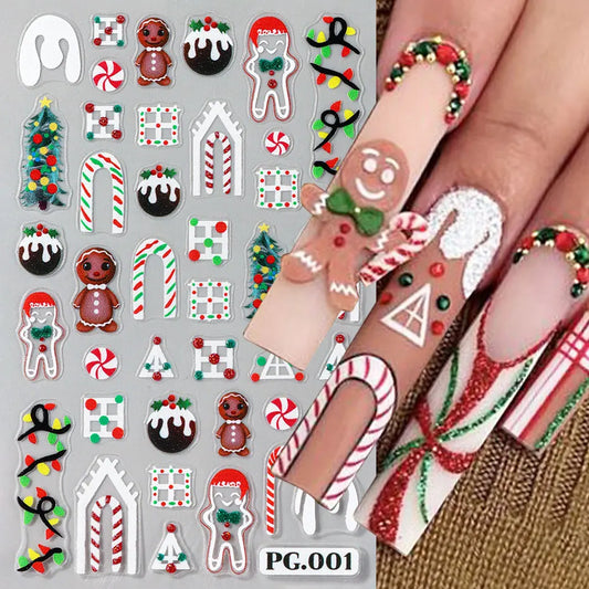 5D Glitter Christmas Charms Nail Art Stickers Winter Snowflake Elk Tree Engraved Slider Cartoon Snowmen Elk Heart Manicure Decor