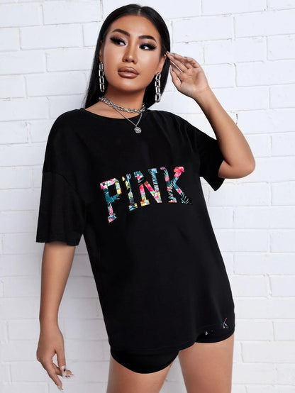 Stylish Black Two-Piece Summer Casual Short Sleeve T-Shirt And Skinny Shorts Suit Printed Women's Clothing