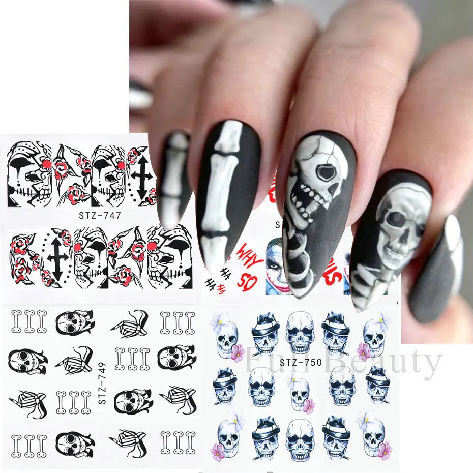 4pcs Clown Skull Bone Nail Stickers Cute Anime Sliders Halloween Water Decals Nail Art Decorations Manicure Wraps LASTZ735-738