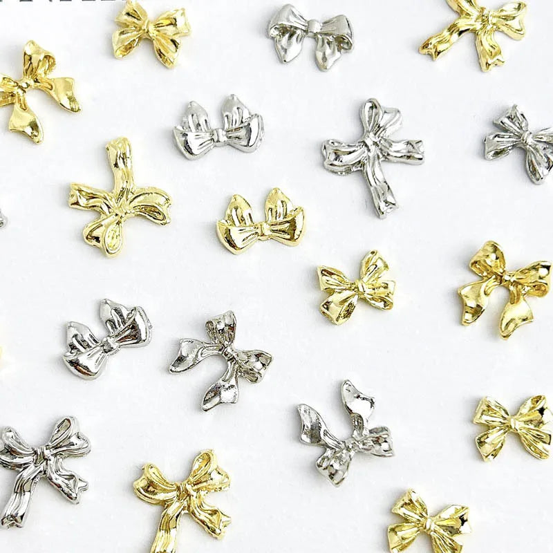 20pcs Metal Alloy Nail Charms Flatback Gold Silver Bowknot Nail Art Decorations DIY for Acrylic Nail Supplies Accessories