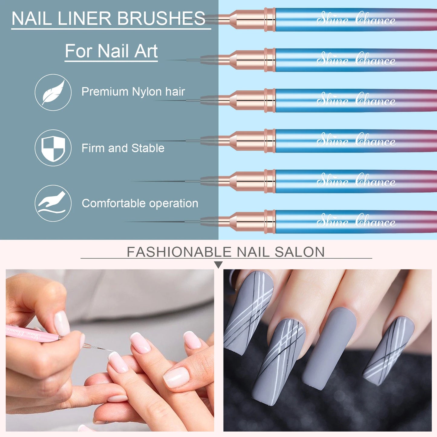 6Pcs Transparent French Stripe Liner Kolinsky Brush 3D Tips Manicure Ultra-thin Line Drawing Pen Brushes Painting Nail Art Tools