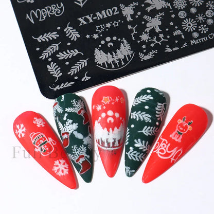 Christmas Nails Stamping Plates Snowflakes Elk New Year Letters Template Xmas Light Ball Gift Design Stamp Printing Stencil Tool