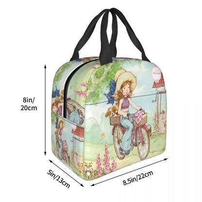 Cute Sarah Kay Girl Bike Ride Lunch Boxes Accessories Cartoon Village Life Thermal Cold Food Picnic Travel Lunch Bag Insulated