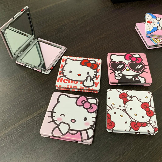 Hello Kitty Mirror Portable Small Mirror Hello Kitty Sanrio Portable Folding Mirrors Double-Sided Pattern Makeup Gift For Girl