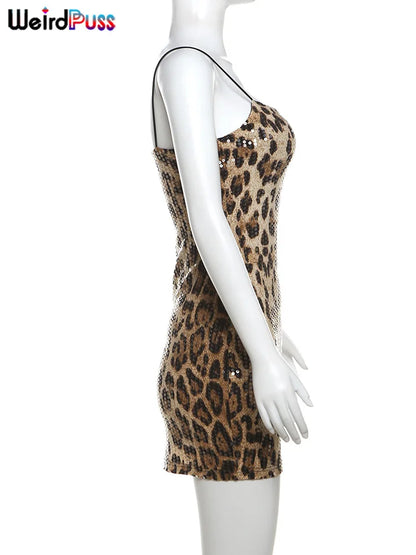 Weird Puss Leopard Print Sexy Dress Women Sequins Hipster Summer Fashion Skinny Elastic Skinny Midnight Party Clubwear Bodycon