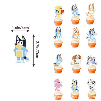 Cute Bluey family Dog Birthday Party cutlery plate Disposable Banner Cake Topper Hanging Flag Balloons Set Birthday Decorations