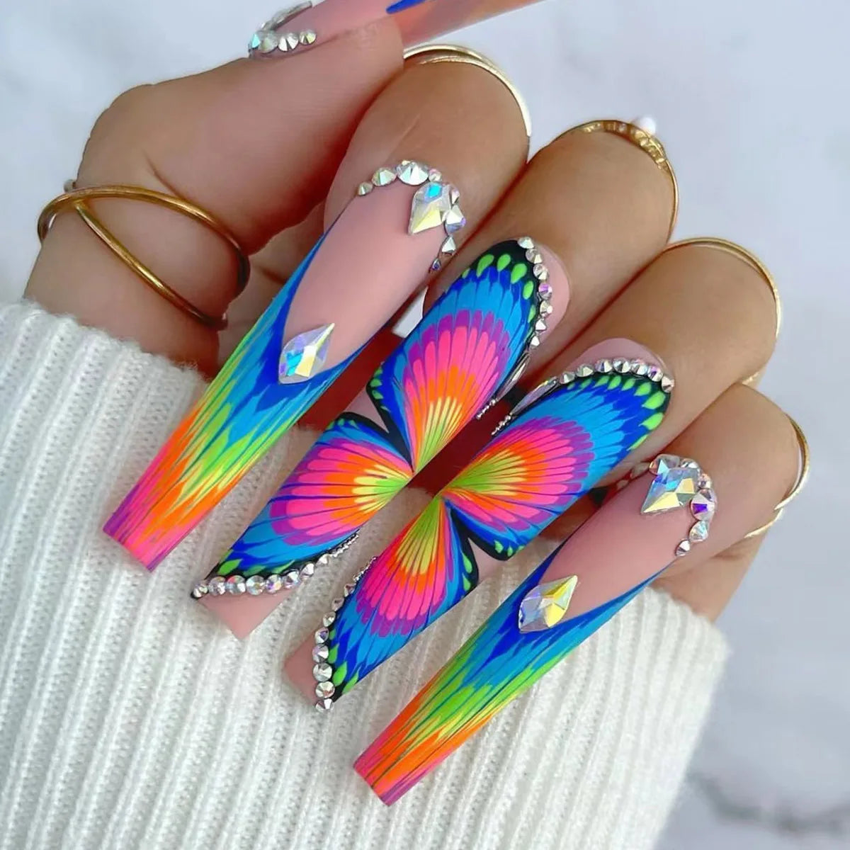 24Pcs Wearable Colorful Butterfly Designs French Press on Nails Long Ballet False Nails with Rhinestone acrylic Fake Nails tips