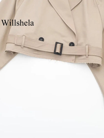 Willshela Women Fashion With Belt Cropped Trench Jacket Vintage Notched Neck Long Sleeve Female Chic Lady Coat Outfits