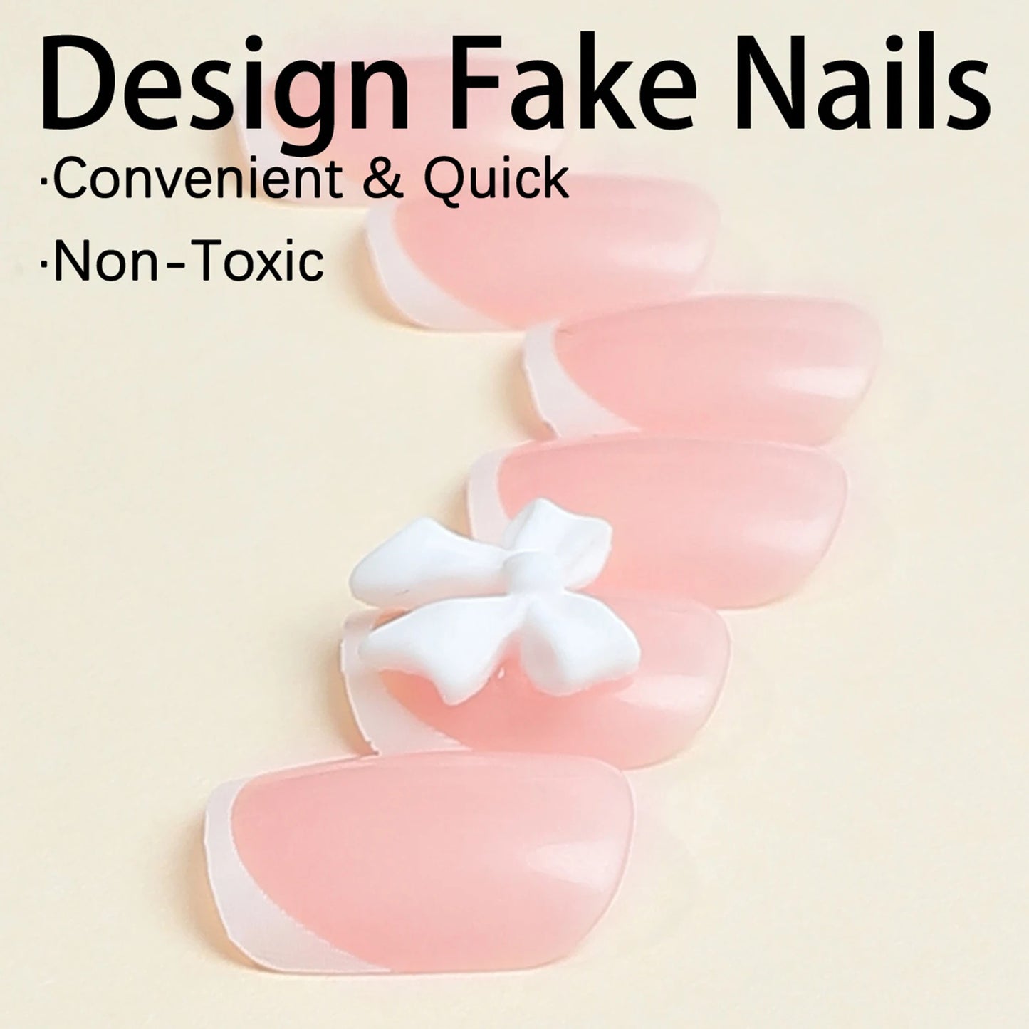 White French Press on Nails 3D Bowknot Fake Nails Tips Full Cover Wearable False Nails for Women and Girls DIY Manicure 24Pcs