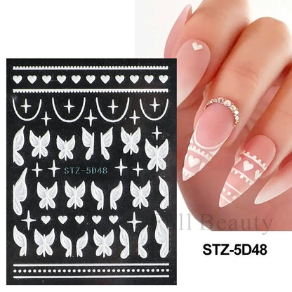 5D Pink Embossed Flowers Nail Sticker White Acrylic Lace Butterfly Adhesive Sliders Elegant Nail Art Decorations LASTZ-5D53