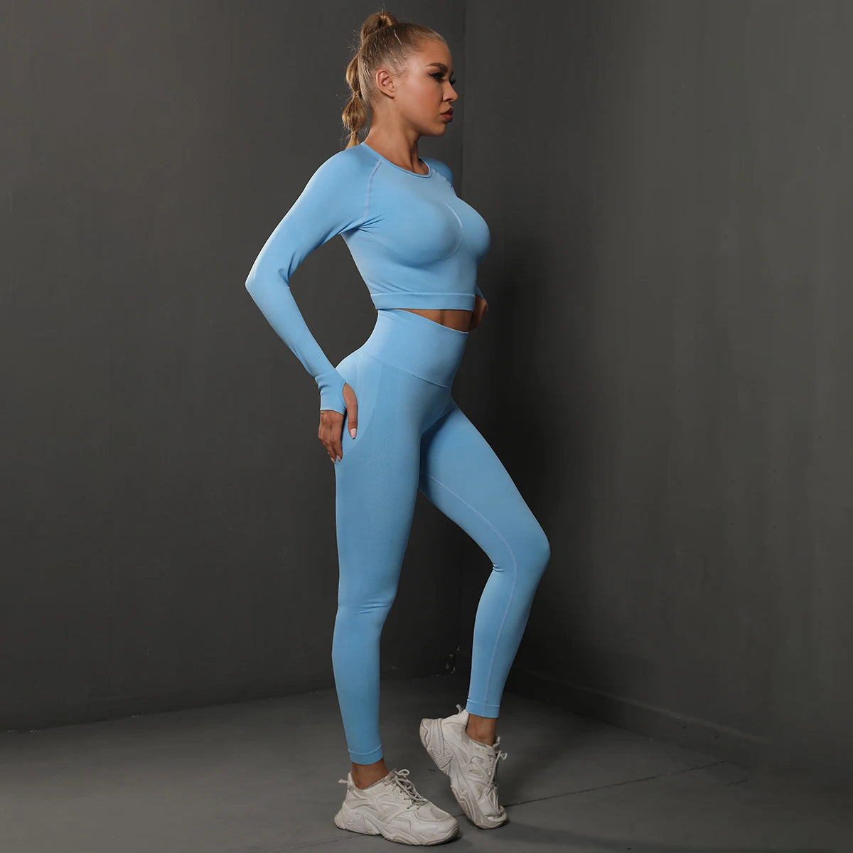 2Pcs Women Sets Energy Seamless Gym Suits Bubble Butt Sports Pants+Long Sleeve Shirts Push Up Running Sets Tracksuits Tights Set