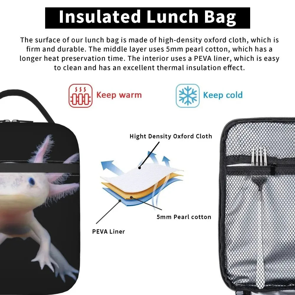 Axolotl In Pocket Insulated Lunch Bags for Women Amphibian Exotic Animal Resuable Thermal Cooler Bento Box Kids School Children