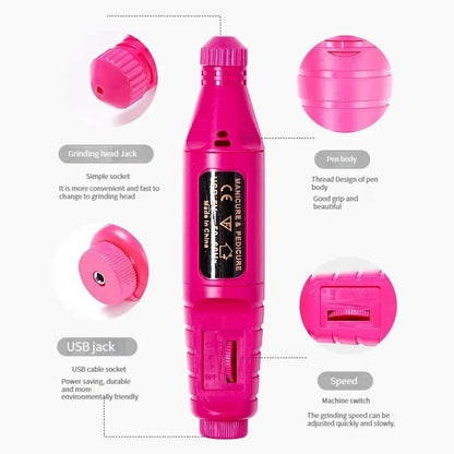 Fushia Pink USB Electric Nail Drills Kit Remove Polish Manicure Pedicure 6pcs Nail File Sanding Bands Machine Nail Art Pen