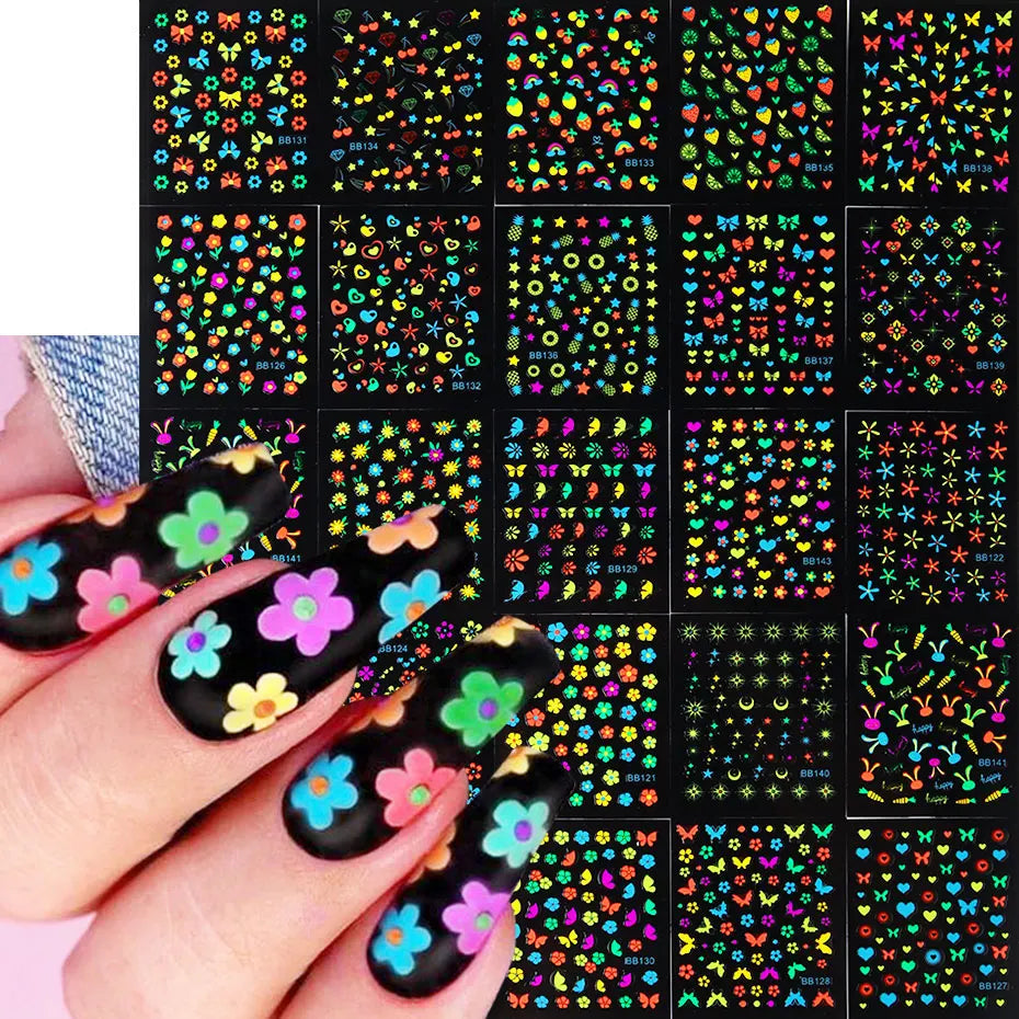 24Sheets Neon Daisy Flowers Nail Art Stickers 3D Fluorescent Floral Design Nail Charms Foils Butterfly Heart Bow DIY Decal Decor