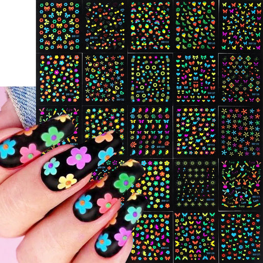 24Sheets Neon Daisy Flowers Nail Art Stickers 3D Fluorescent Floral Design Nail Charms Foils Butterfly Heart Bow DIY Decal Decor