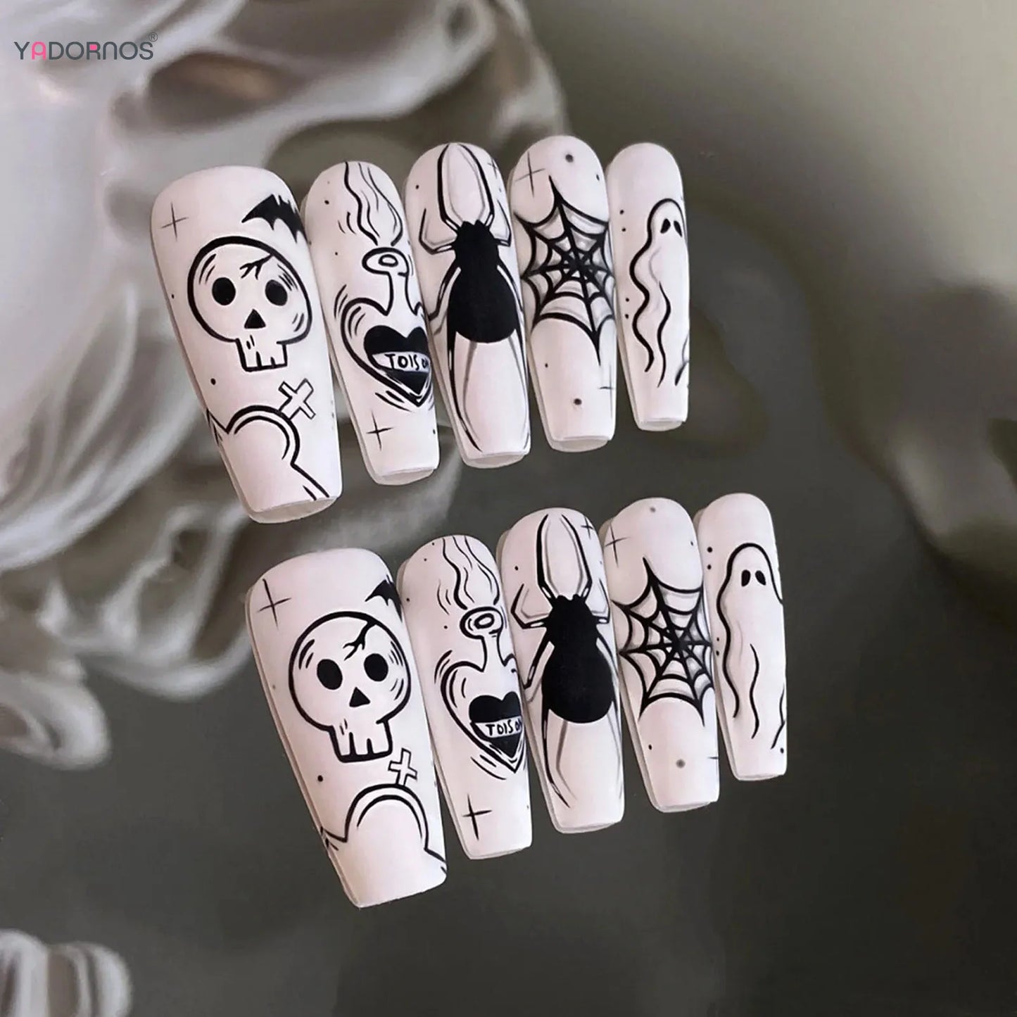 White False Nails With Spider Web Ghost Decor Lightweight And Easy To Stick Fake Nail For Manicure Lovers And Beauty Bloggers