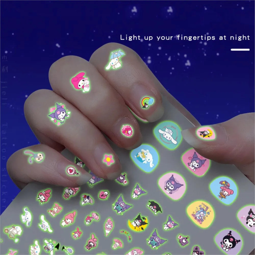 5pcs/set Luminous Kuromi 3D Nail Stickers Sanrio Melody Hello Kitty Nail Art Decoration Stickers Kids Fun Anime Manicure Decals