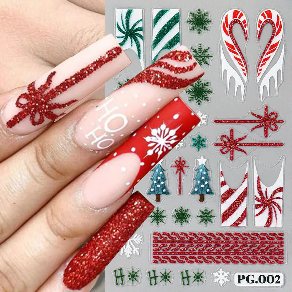 5D Glitter Christmas Charms Nail Art Stickers Winter Snowflake Elk Tree Engraved Slider Cartoon Snowmen Elk Heart Manicure Decor