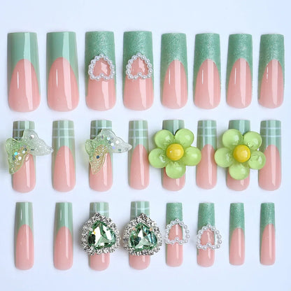 24PCS Sweet Long Strawberry Cute Bear False Nails Designs Fake Nails For Women Girls On Nail Art Embellishment Wearable Nails