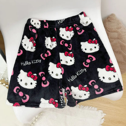 Sanrio Hello Kitty Y2k Kawaii Anime Flannel Pajamas Women'S Warm Woolen Cartoon Casual Home Pants Autumn Winter Fashion Trousers