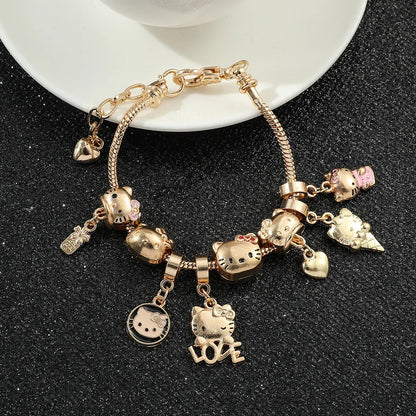 Hello Kitty Gold Plated Bracelets With Charms for Women High Quality Fashion Jewelry for Girl Kawaii Sanrio Party Gifts