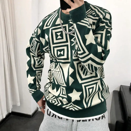 2024 Spring and Autumn New PatternFashion Casual Contrast Color Printed Chao Pai All-match Sweater Men's O-Neck Pullovers Tops